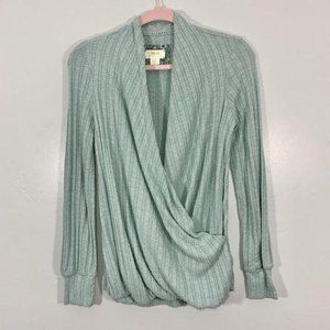 Maeve Mint Green Ribbed Faux Wrap Long Sleeve Top